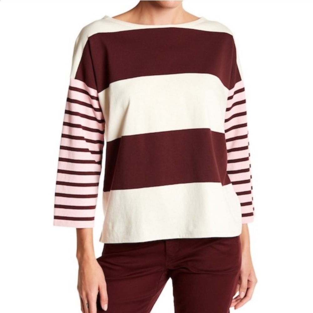 J. Crew Boxy bold stripes 3/4 sleeve top pink and burgundy blouse